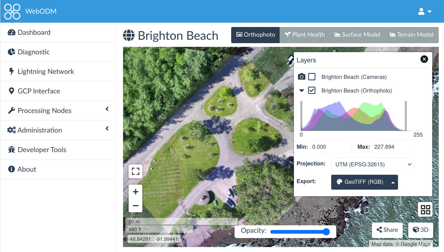 WebODM orthophoto map with layer controls and GeoTIFF export